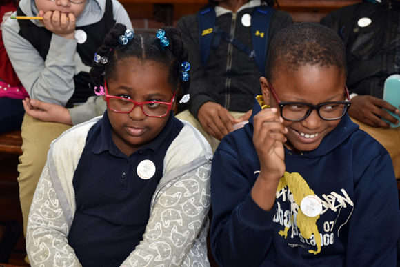 Students show off their new glasses, Thomasboro Academy, April 25, 2018
